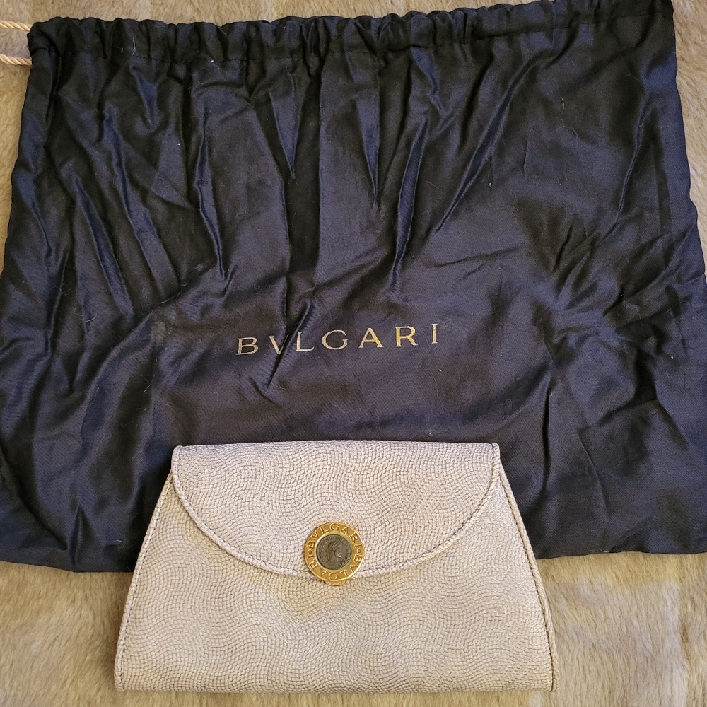 Bulgari exotic skin formal clutch with gold medallion hardware